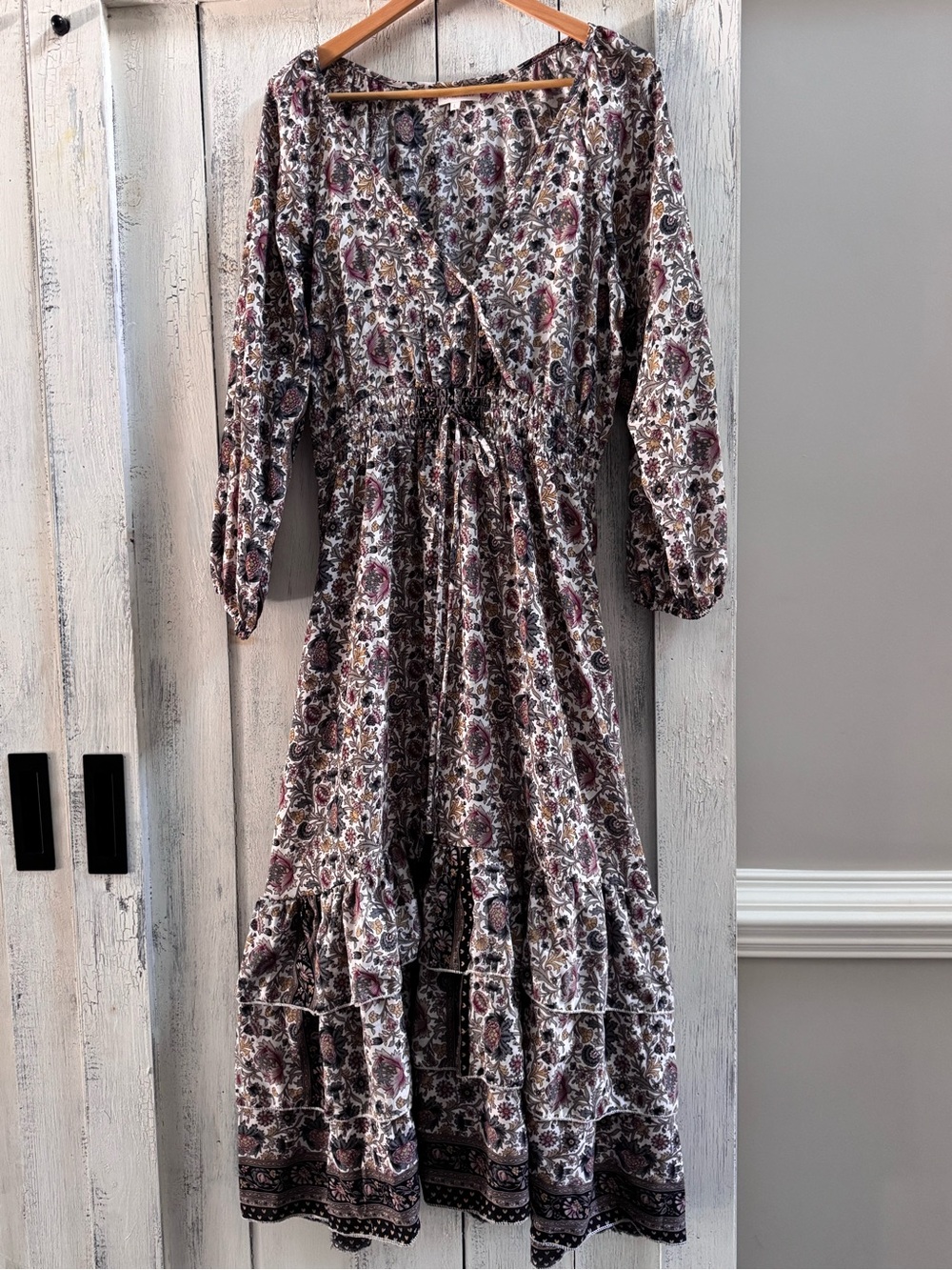 Maxi Dress L fall Mauve and Cream Floral Maxi Dress with Smocked Waist